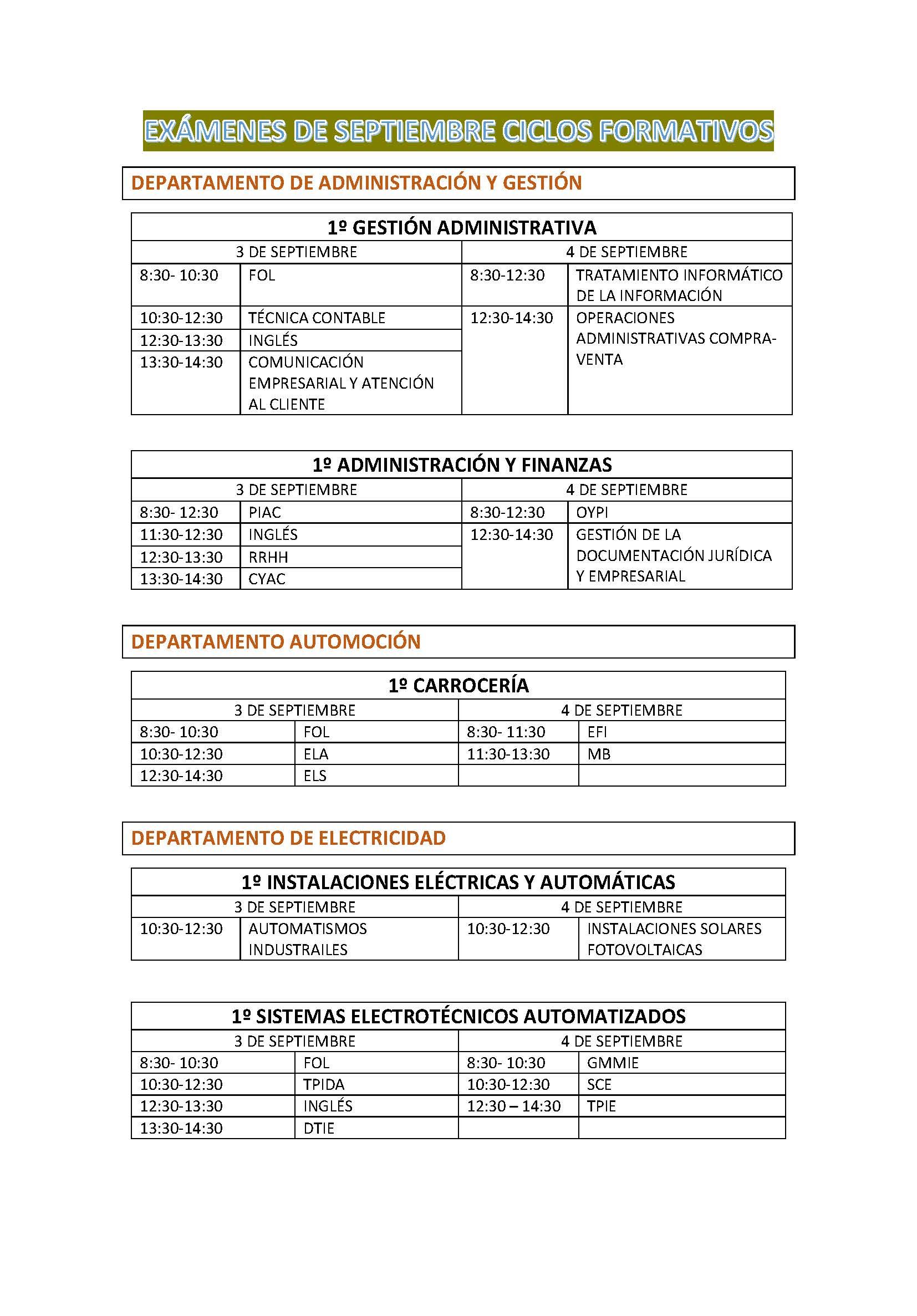 EXÁMENES DE SEPTIEMBRE CICLOS FORMATIVOS Página 1